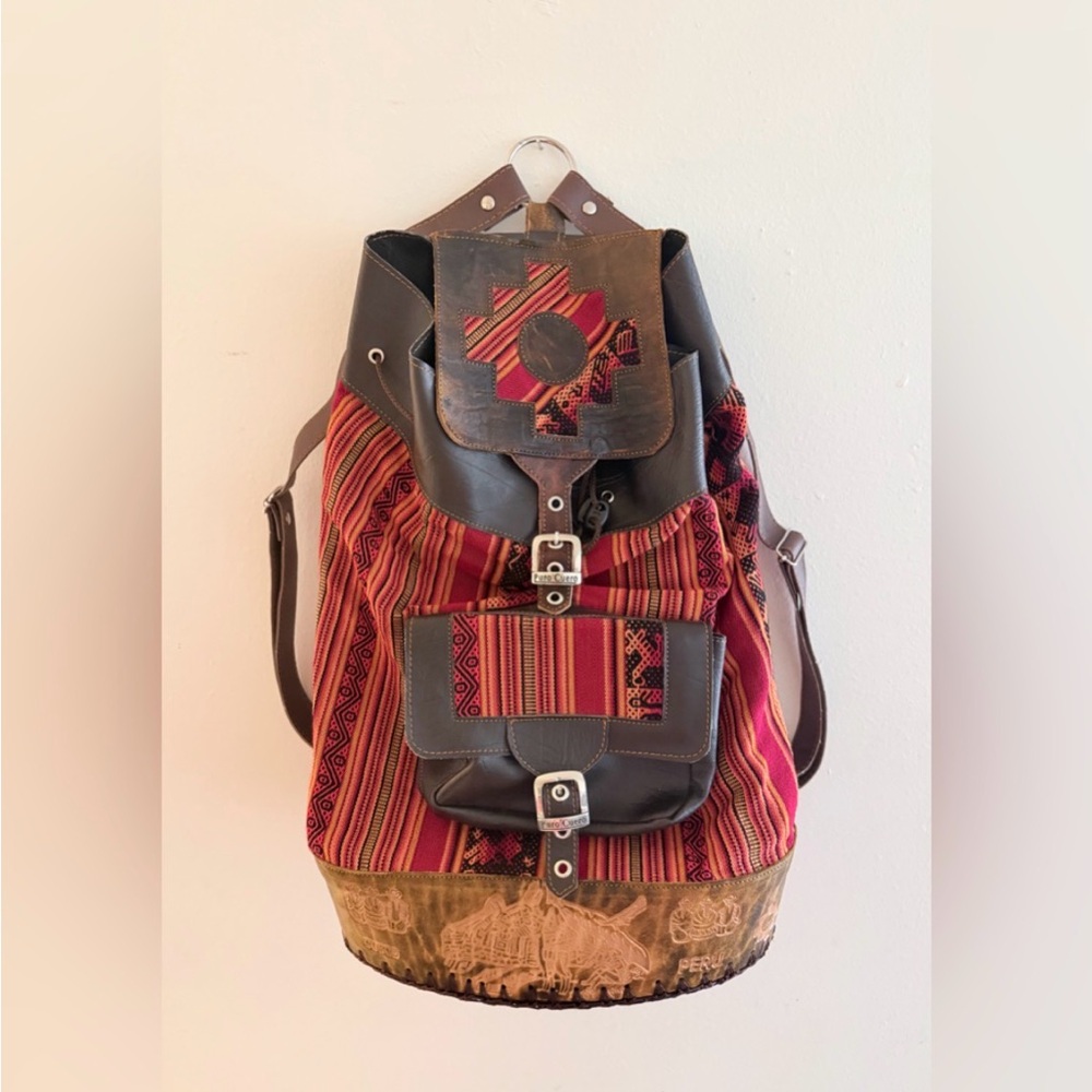 Peruvian Hand-Tooled Leather and Textile Backpack Purse